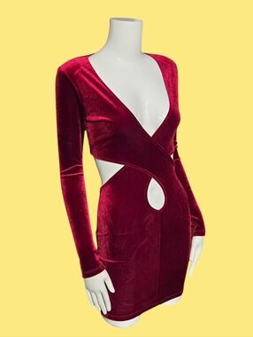 Cutout Velvet Long-Sleeve Mini Dress in Deep Red